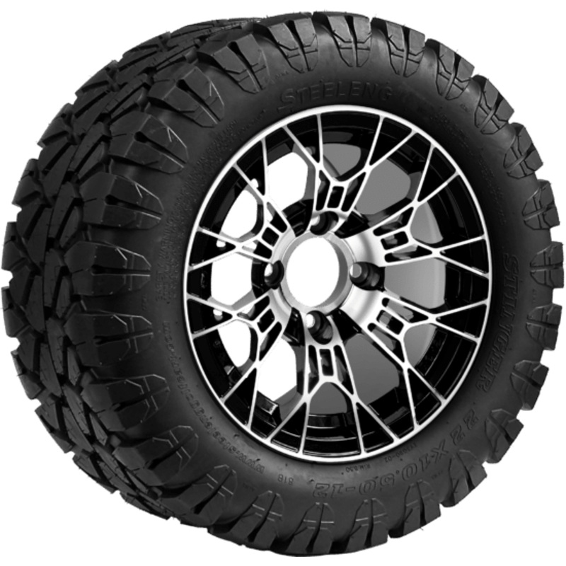 SGC 12 ” Tarantula Machined/Black Wheel – Aluminum Alloy / STEELENG 22 “x10.5 “-12 ” STINGER All Terrain Tire DOT approved Tires Combo – Set of 4