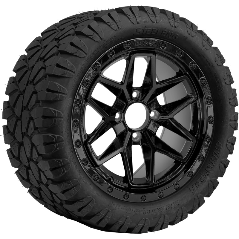SGC 14″ Black Widow Wheel / STEELENG 23″x10.5″-14″ STINGER AT Tire DOT Approved Tires Combo – Set of 4