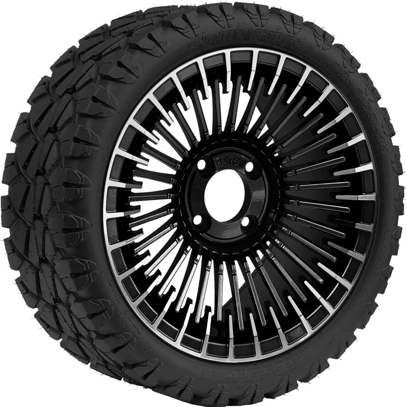 SGC 14″ Piranha Machined Black Wheel – Aluminum Alloy / STEELENG 20″x8.5″-14″ STINGER AT Tire DOT Approved Tires Combo – Set of 4