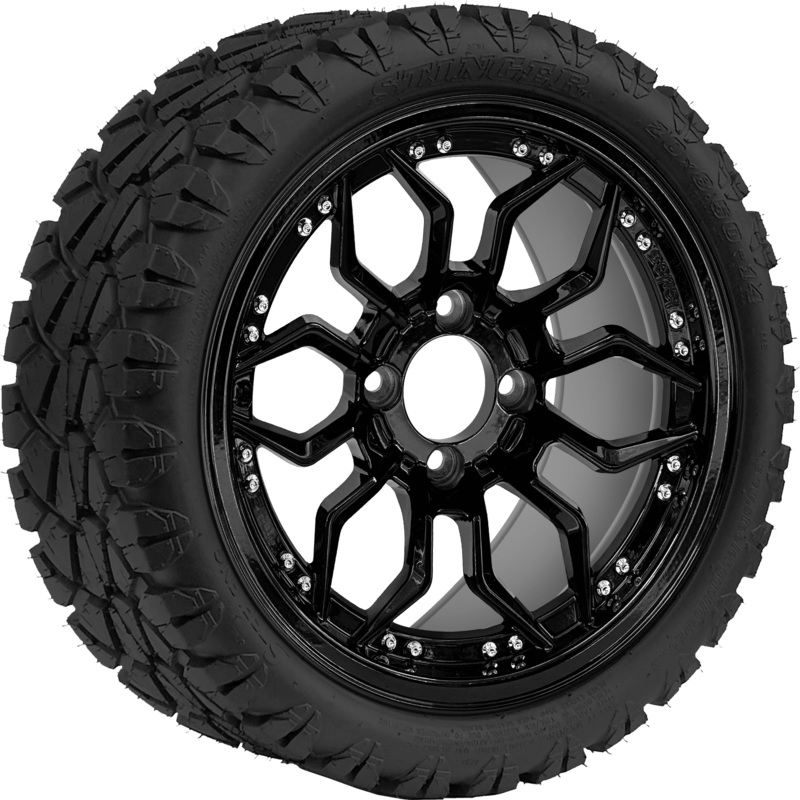 SGC 14 ” Scorpion Glossy Black Wheel / STEELENG 20 “x8.5 “-14 ” STINGER AT Tire DOT Approved Tires Combo – Set of 4