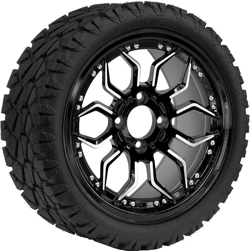 SGC 14 ” Scorpion Machined Black Wheel / STEELENG 20 “x8.5 “-14 ” STINGER AT Tire DOT Approved Tires Combo – Set of 4