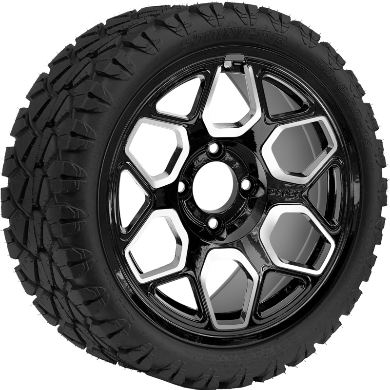 SGC 14 ” Yeti Machined Black Wheel – Aluminum Alloy / STEELENG 20 “x8.5 “-14 ” STINGER AT Tire DOT Approved Tires Combo – Set of 4