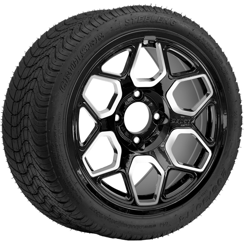 SGC 14 ” Yeti Machined Black Wheel- Aluminum Alloy / STEELENG 205/30-14 Low Profile Tire DOT Approved Tires Combo – Set of 4