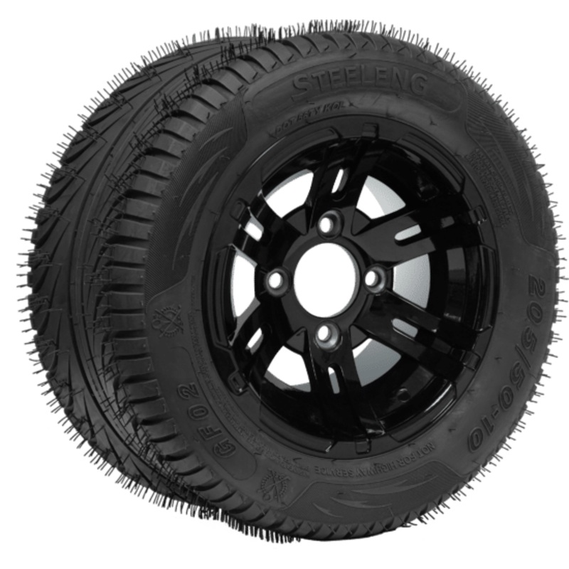SGC 10″ Bulldog Glossy Black Wheel – Aluminum Alloy / STEELENG 205/50-10 QH Low Profile Tire DOT Approved Tires Combo – Set of 4
