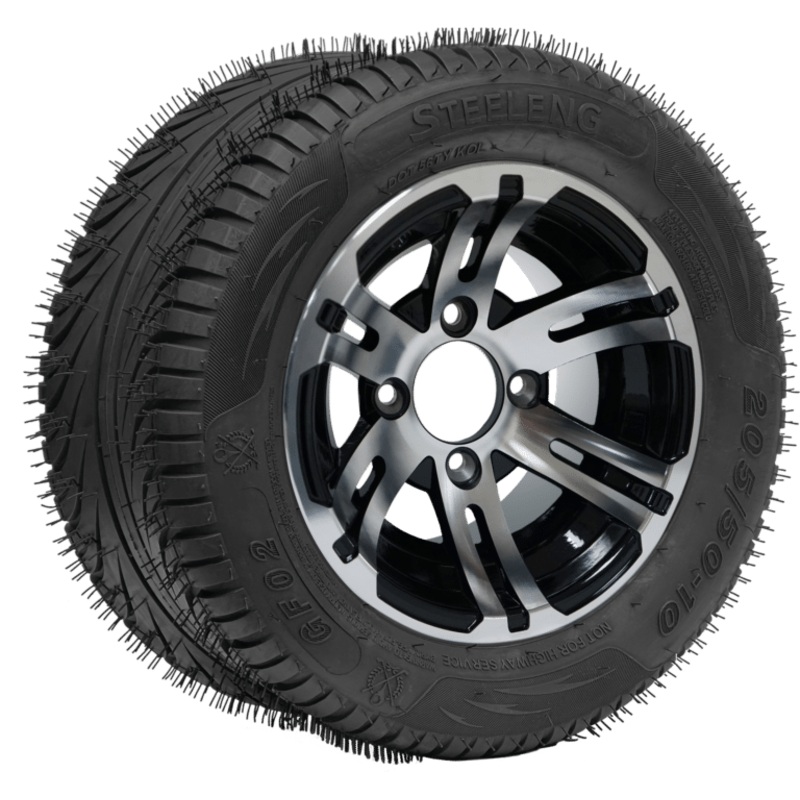 SGC 10″ Bulldog Machined/Black Wheel – Aluminum Alloy / STEELENG 205/50-10 QH Low Profile Tire DOT Approved Tires Combo – Set of 4
