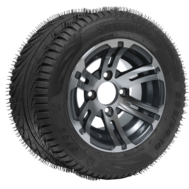 SGC 10″ Bulldog Machined/Gunmetal Wheel – Aluminum Alloy / STEELENG 205/50-10 QH Low Profile Tire DOT Approved Tires Combo – Set of 4