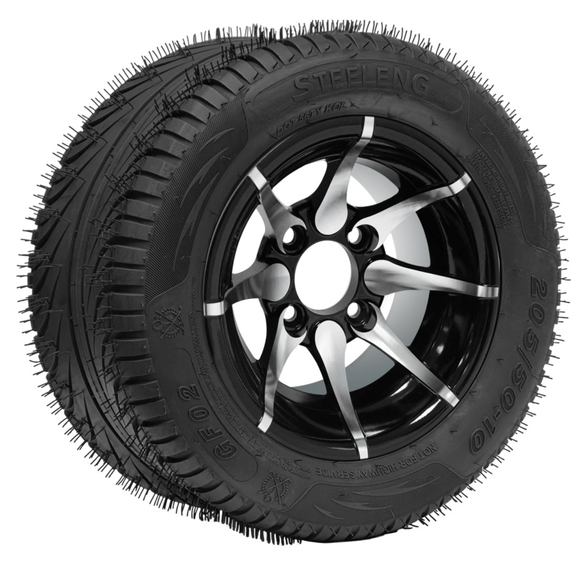 SGC 10″ Kraken Machined/Black Wheel – Aluminum Alloy / STEELENG 205/50-10 QH Low Profile Tire DOT Approved Tires Combo – Set of 4