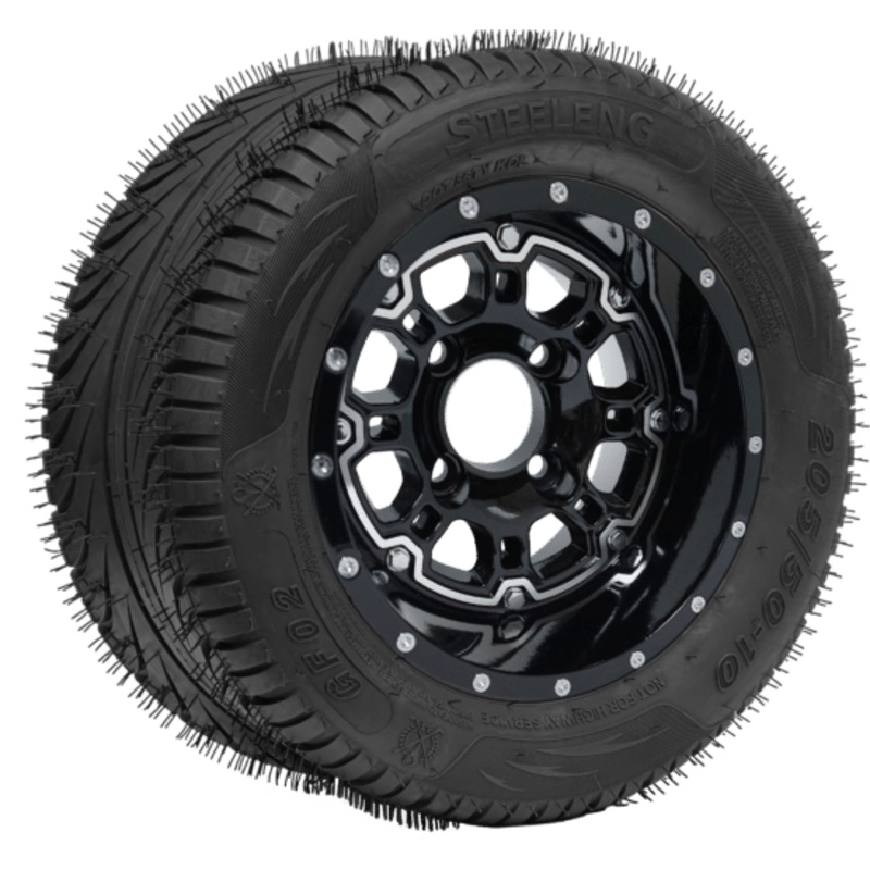 SGC 10″ Panther Glossy Black Wheel – Aluminum Alloy / STEELENG 205/50-10 QH Low Profile Tire DOT Approved Tires Combo – Set of 4