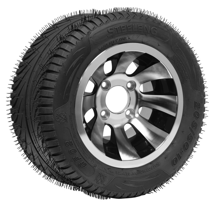 SGC 10″ Pioneer Glossy Black Wheel – Aluminum Alloy / STEELENG 205/50-10 QH Low Profile Tire DOT Approved Tires Combo – Set of 4