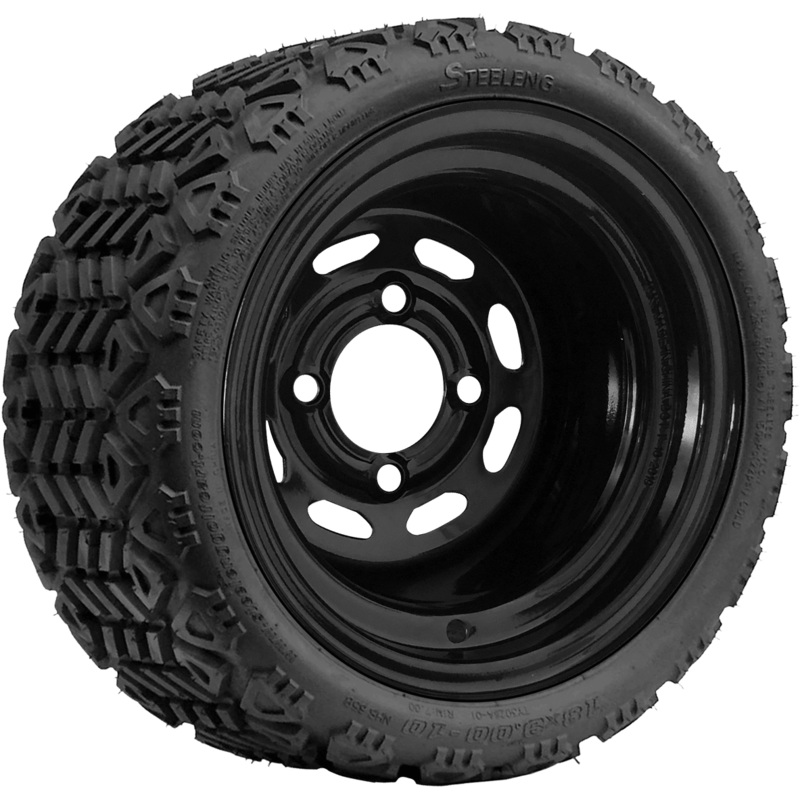 SGC 10″ Steel Wheel – Black – Slotted / STEELENG 18″x9″-10″ All Terrain Tire DOT approved Tires Combo – Set of 4