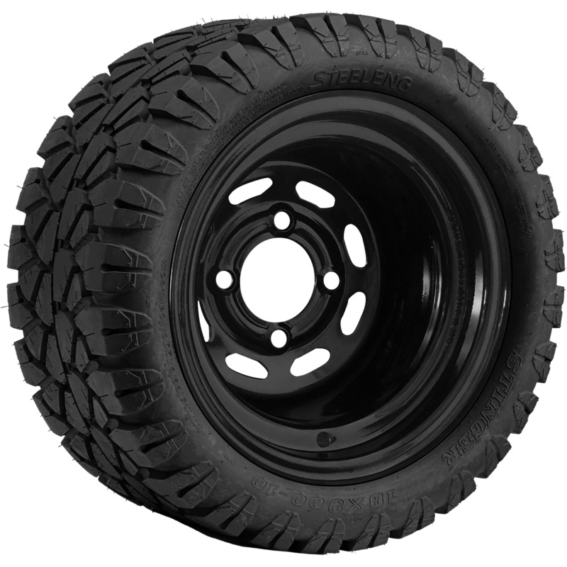 SGC 10″ Steel Wheel – Black – Slotted / STEELENG 18″x9″-10″ STINGER All Terrain Tire DOT approved Tires Combo – Set of 4