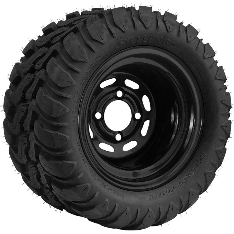SGC 10″ Steel Wheel – Black – Slotted / STEELENG 22″x10.5″-10″ Mud Terrain Tire Tires Combo – Set of 4