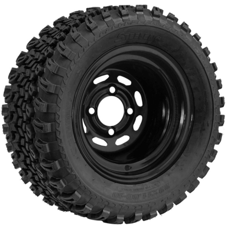 SGC 10″ Steel Wheel – Black – Slotted / STEELENG 22″x11″-10″ All Terrain Tire DOT approved Tires Combo – Set of 4