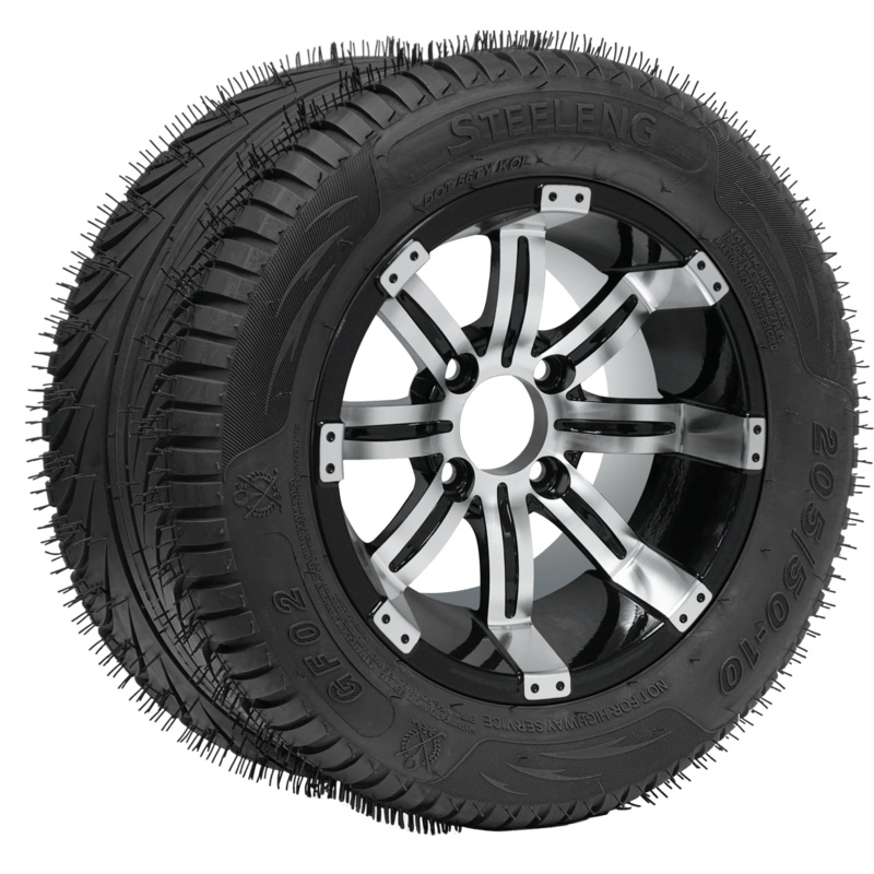 SGC 10″ Tempest Machined/Black Wheel – Aluminum Alloy / STEELENG 205/50-10 QH Low Profile Tire DOT Approved Tires Combo – Set of 4