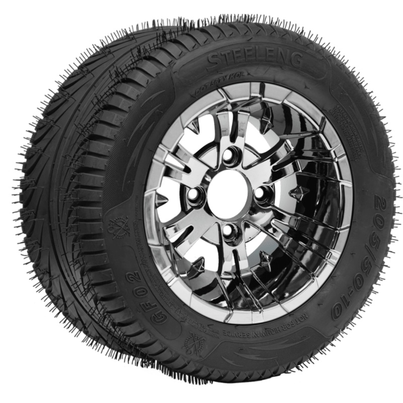 SGC 10″ Vampire Chrome Wheel – Aluminum Alloy / STEELENG 205/50-10 QH Low Profile Tire DOT Approved Tires Combo – Set of 4