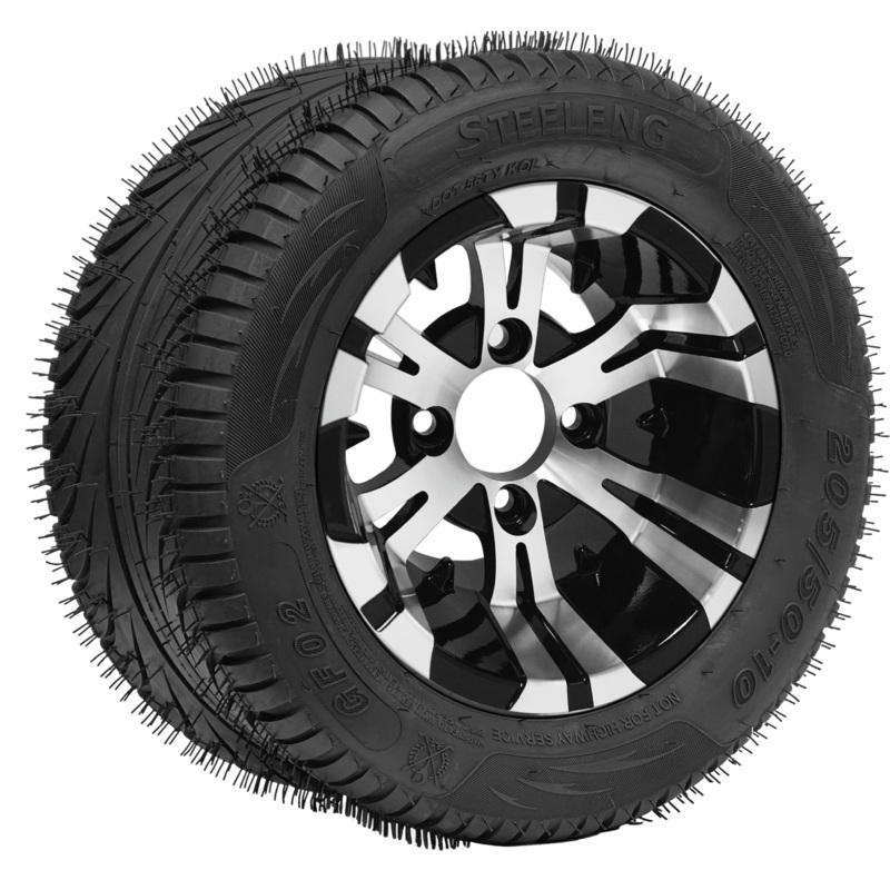 SGC 10″ Vampire Machined/Black Wheel – Aluminum Alloy / STEELENG 205/50-10 QH Low Profile Tire DOT Approved Tires Combo – Set of 4
