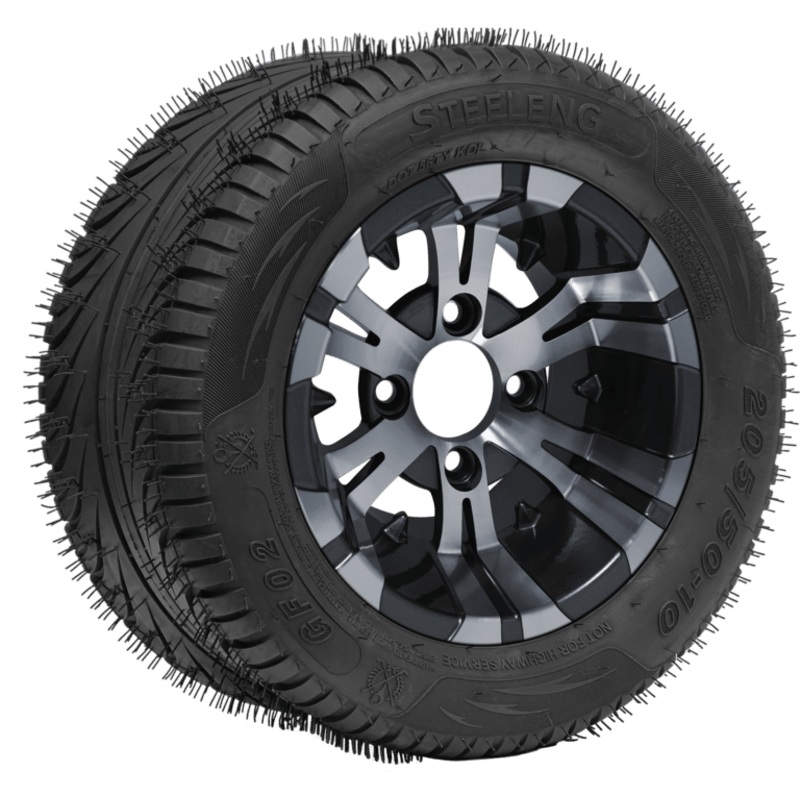 SGC 10″ Vampire Machined/Gunmetal Wheel – Aluminum Alloy / STEELENG 205/50-10 QH Low Profile Tire DOT Approved Tires Combo – Set of 4