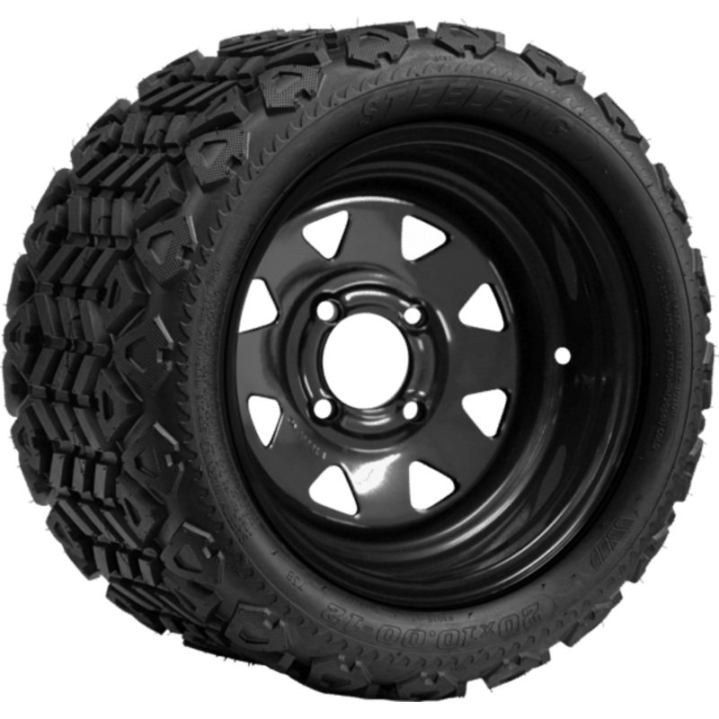 SGC 12″ Steel Wheel – Black – Slotted / STEELENG 20″x10″-12″ All Terrain Tire DOT approved Tires Combo – Set of 4