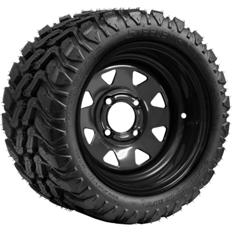 SGC 12″ Steel Wheel – Black – Slotted / STEELENG 20″x10″-12″ Mud Terrain Tire Tires Combo – Set of 4