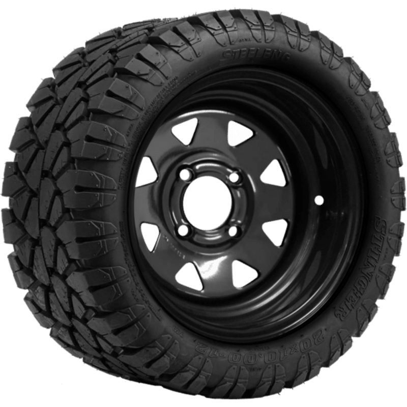 SGC 12″ Steel Wheel – Black – Slotted / STEELENG 20″x10″-12″ STINGER All Terrain Tire DOT approved Tires Combo – Set of 4