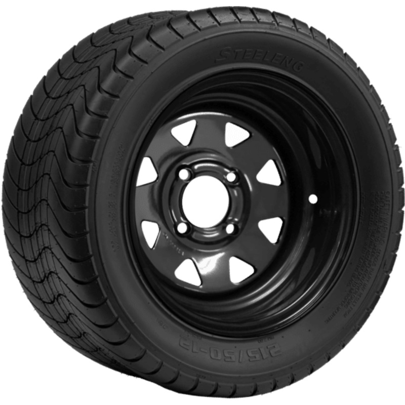 SGC 12″ Steel Wheel – Black – Slotted / STEELENG 215/50-12 Comfort Ride Street Tire DOT Approved Tires Combo – Set of 4