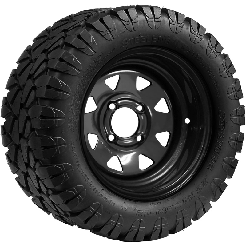 SGC 12″ Steel Wheel – Black – Slotted / STEELENG 22″x10.5″-12″ STINGER All Terrain Tire DOT approved Tires Combo – Set of 4