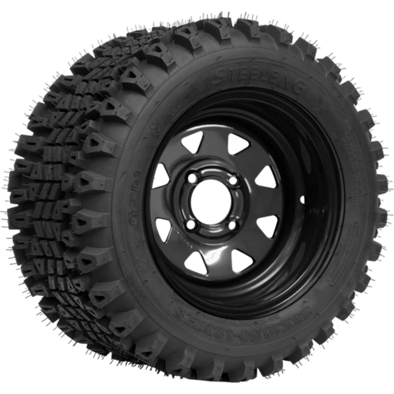 SGC 12″ Steel Wheel – Black – Slotted / STEELENG 23″x10.5″-12″ QH All Terrain Tire Tires Combo – Set of 4