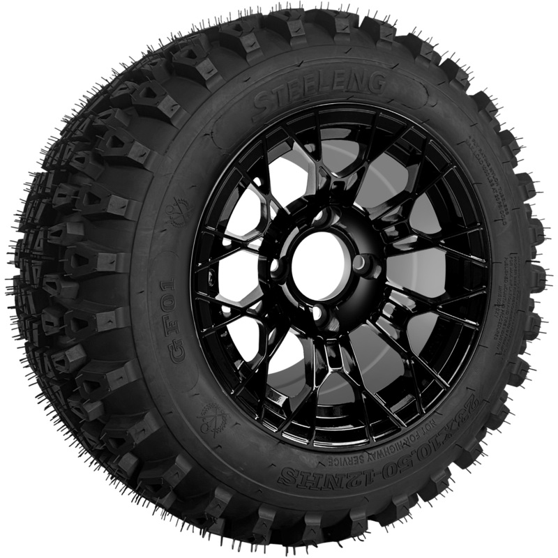 SGC 12 ” Tarantula Glossy Black Wheel – Aluminum Alloy / STEELENG 23 “x10.5 “-12 ” QH All Terrain Tire Tires Combo – Set of 4