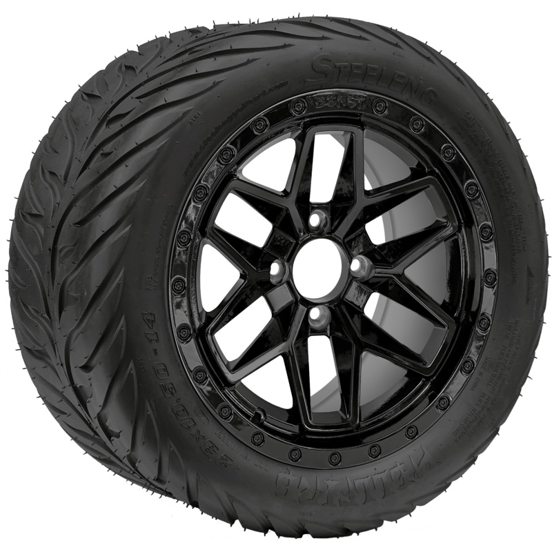 SGC 14″ Black Widow Wheel – Aluminum Alloy / STEELENG 23″x10″-14″ HELLFIRE Street Tire DOT Approved Tires Combo – Set of 4