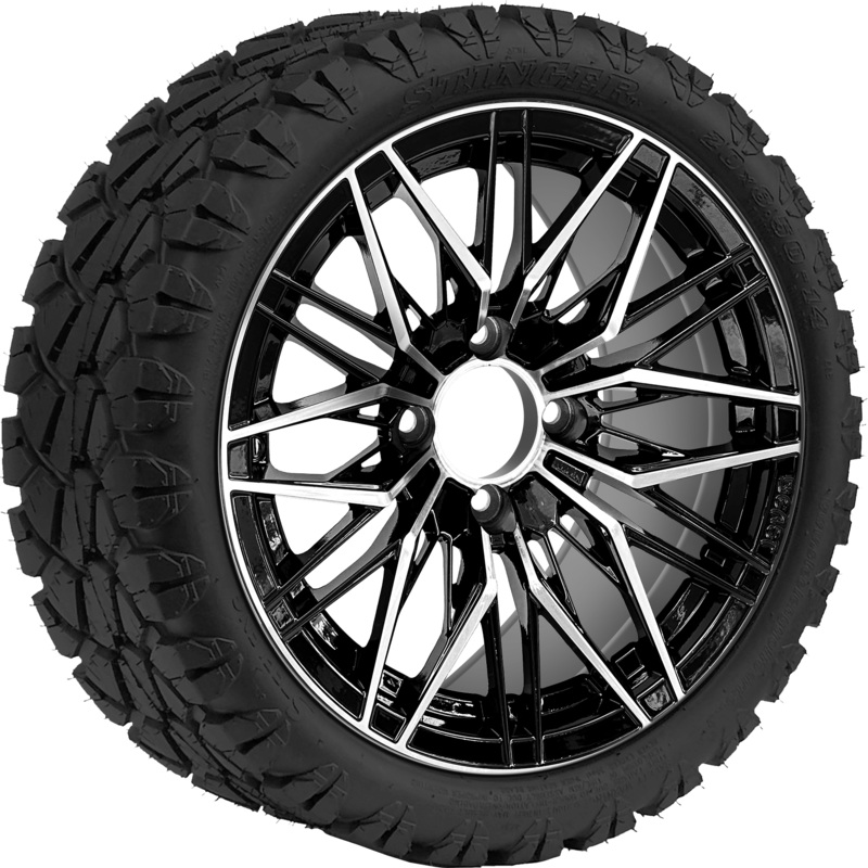 SGC 14″ Hornet Machined Black Wheel – Aluminum Alloy / STEELENG 20″x8.5″-14″ STINGER AT Tire DOT Approved Tires Combo – Set of 4