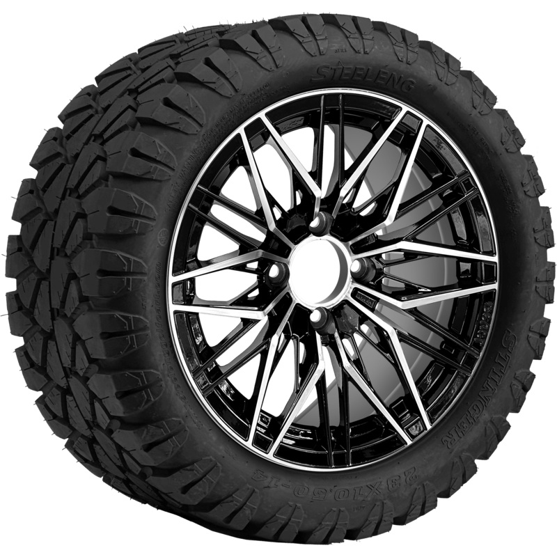 SGC 14″ Hornet Machined Black Wheel / STEELENG 23″x10.5″-14″ STINGER AT Tire DOT Approved Tires Combo – Set of 4