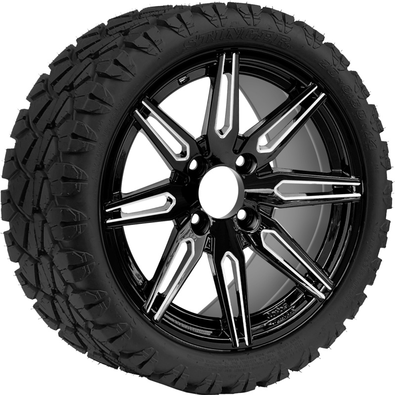 SGC 14 ” Lynx Machined Black Wheel / STEELENG 20 “x8.5 “-14 ” STINGER AT Tire DOT Approved Tires Combo – Set of 4
