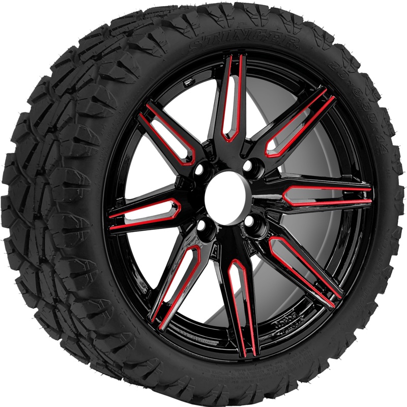 SGC 14 ” Lynx Red/Black Wheel – Aluminum Alloy / STEELENG 20 “x8.5 “-14 ” STINGER AT Tire DOT Approved (Copy) Tires Combo – Set of 4