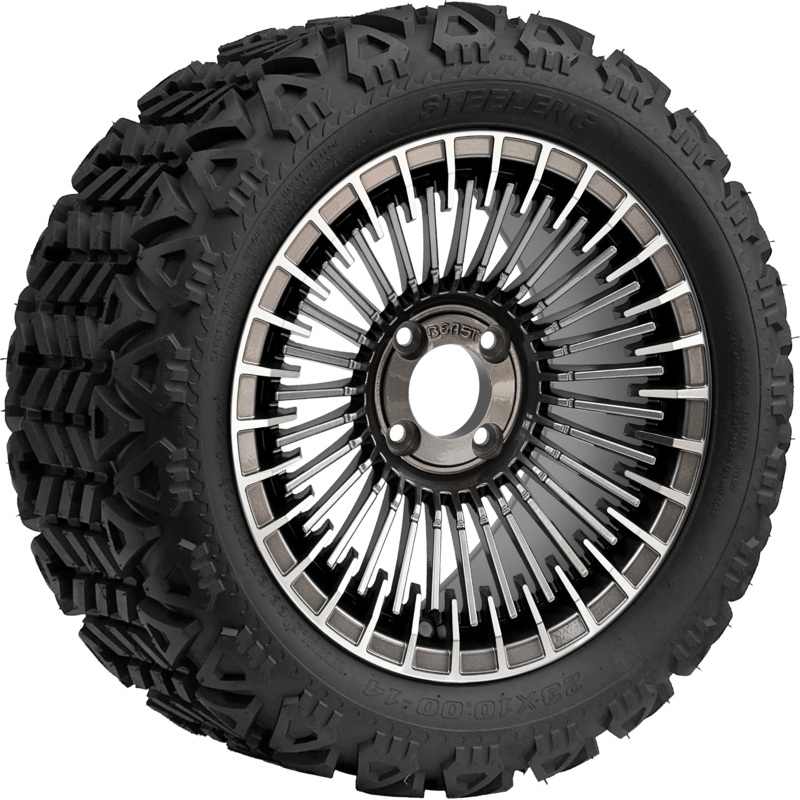 SGC 14 ” Piranha Machined Gunmetal Wheel – Aluminum Alloy / STEELENG 23 “x10 “-14 ” All Terrain Tire DOT Approved Tires Combo – Set of 4