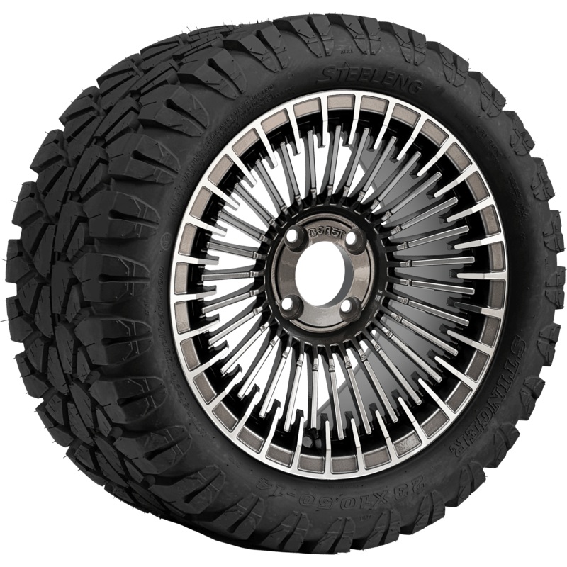 SGC 14 ” Piranha Machined Gunmetal Wheel – Aluminum Alloy / STEELENG 23 “x10.5 “-14 ” STINGER AT Tire DOT Approved Tires Combo – Set of 4