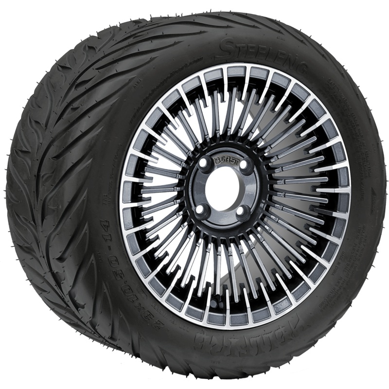 SGC 14″ Piranha Machined Gunmetal Wheel / STEELENG 23″x10″-14″ HELLFIRE Street Tire DOT Approved Tires Combo – Set of 4