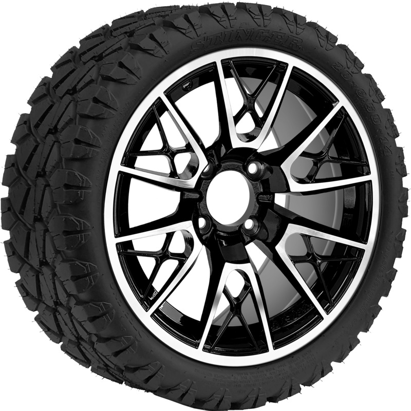 SGC 14 ” Saber Tooth Machined Black Wheel – Aluminum Alloy / STEELENG 20 “x8.5 “-14 ” STINGER AT Tire DOT Approved Tires Combo – Set of 4