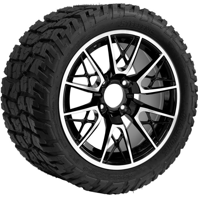 SGC 14 ” Saber Tooth Machined Black Wheel – Aluminum Alloy / STEELENG 22 “x10.5 “-14 ” GATOR All Terrain DOT Approved Tires Combo – Set of 4