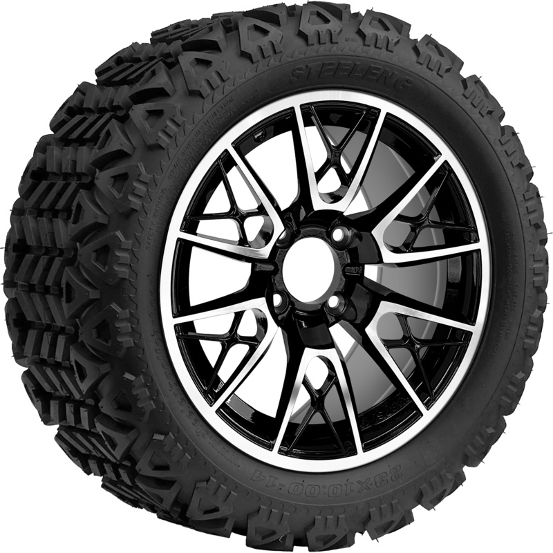 SGC 14 ” Saber Tooth Machined Black Wheel / STEELENG 23 “x10 “-14 ” All Terrain Tire DOT Approved Tires Combo – Set of 4