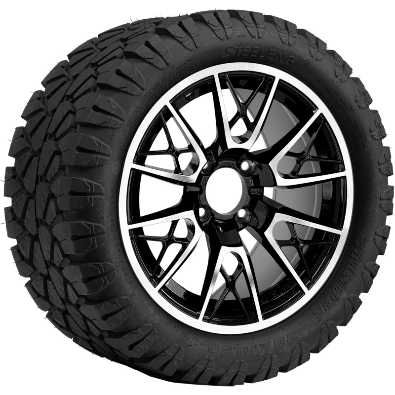 SGC 14″ Saber Tooth Machined Black Wheel / STEELENG 23″x10.5″-14″ STINGER AT Tire DOT Approved Tires Combo – Set of 4