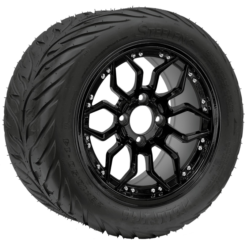 SGC 14″ Scorpion Glossy Black Wheel / STEELENG 23″x10.5″-14″ HELLFIRE All Terrain DOT Approved Tires Combo – Set of 4