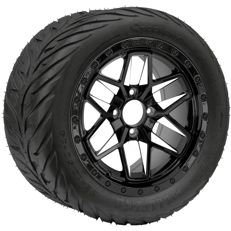 SGC 14″ White Widow Wheel – Aluminum Alloy / STEELENG 23″x10.5″-14″ HELLFIRE All Terrain DOT Approved Tires Combo – Set of 4