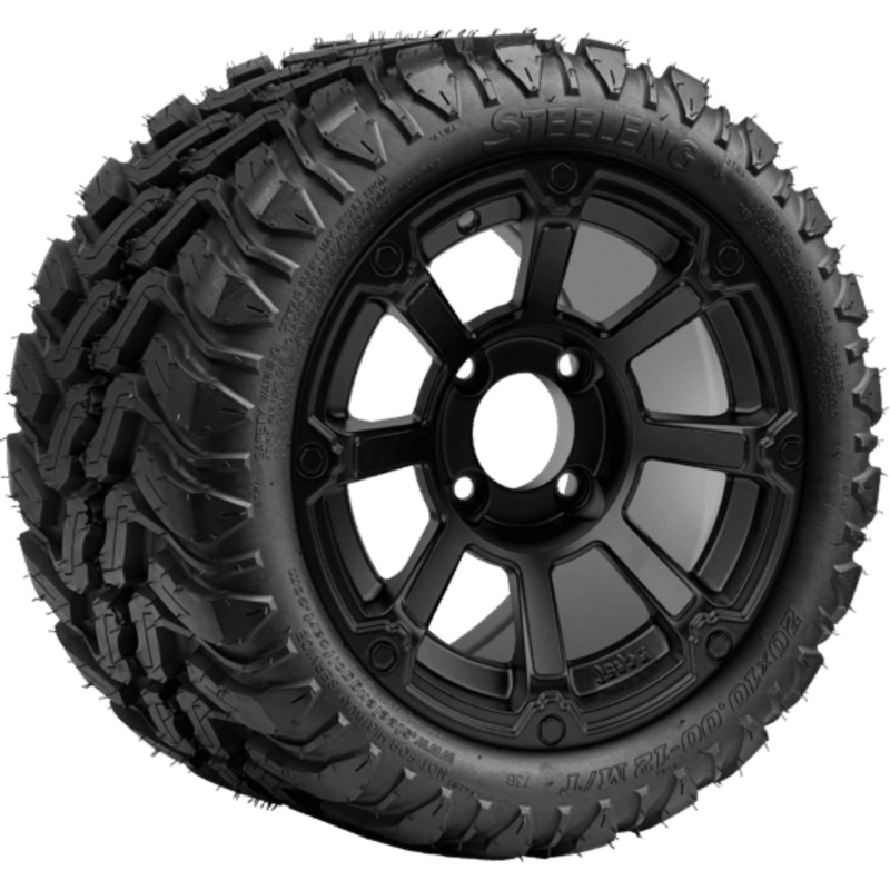 SGC 12 ” Cyclops Matte Black Wheel – Aluminum Alloy / STEELENG 20 “x10 “-12 ” Mud Terrain Tire Tires Combo – Set of 4