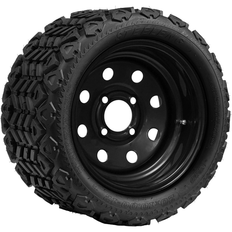 SGC 12″ Steel Wheel – Black – 8 Holes / STEELENG 20″x10″-12″ All Terrain Tire DOT approved Tires Combo – Set of 4