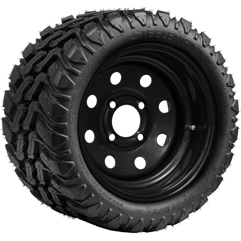 SGC 12″ Steel Wheel – Black – 8 Holes / STEELENG 20″x10″-12″ Mud Terrain Tire Tires Combo – Set of 4