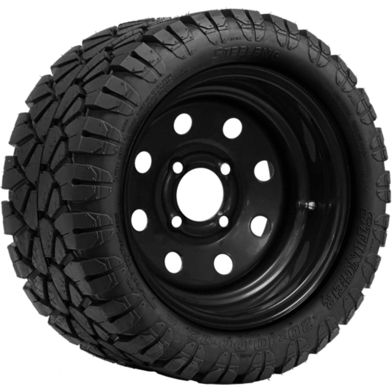 SGC 12″ Steel Wheel – Black – 8 Holes / STEELENG 20″x10″-12″ STINGER All Terrain Tire DOT approved Tires Combo – Set of 4