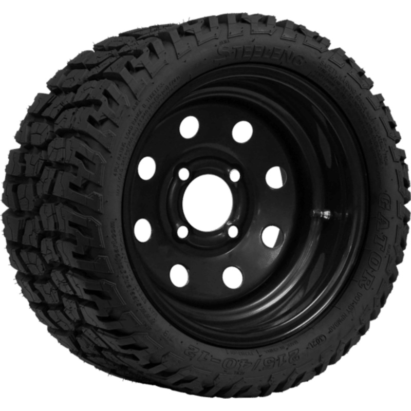 SGC 12″ Steel Wheel – Black – 8 Holes / STEELENG 215/40-12 Hybrid Low Profile / All Terrain Tire DOT Approved Tires Combo – Set of 4