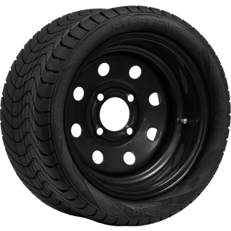 SGC 12″ Steel Wheel – Black – 8 Holes / STEELENG 215/40-12 Low Profile Tire DOT Approved Tires Combo – Set of 4
