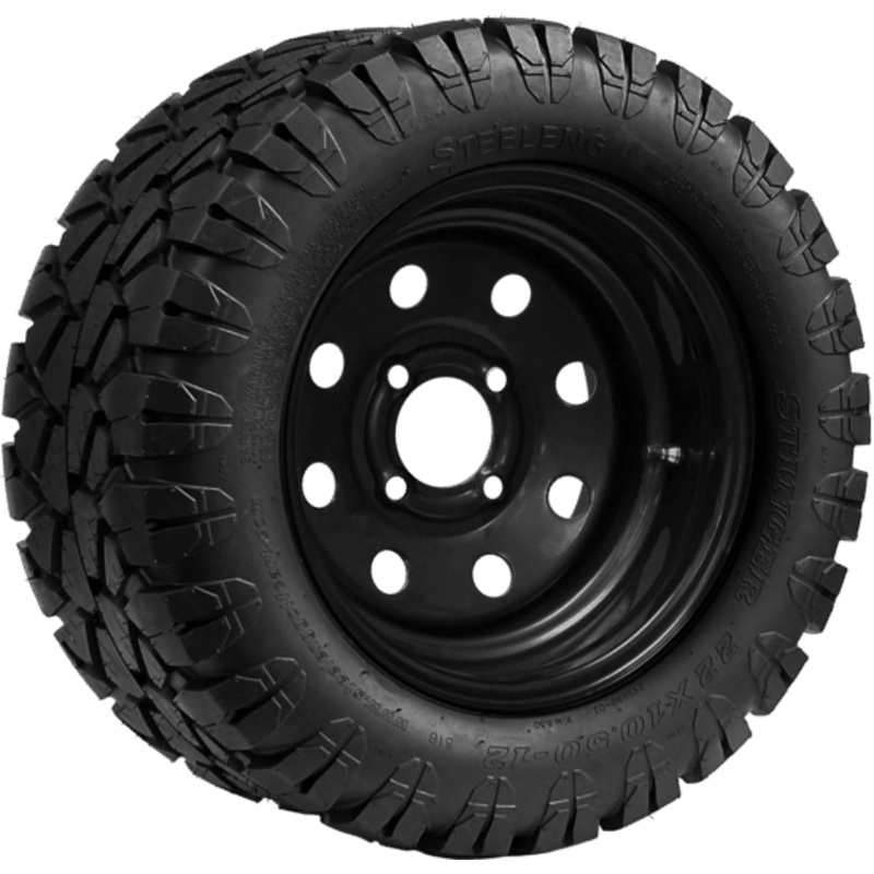 SGC 12″ Steel Wheel – Black – 8 Holes / STEELENG 22″x10.5″-12″ STINGER All Terrain Tire DOT approved Tires Combo – Set of 4