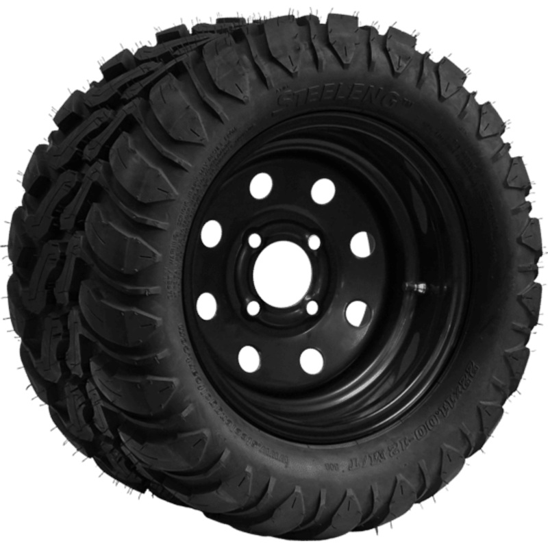 SGC 12″ Steel Wheel – Black – 8 Holes / STEELENG 22″x11″-12″ Mud Terrain / All Terrain Tire DOT Approved Tires Combo – Set of 4
